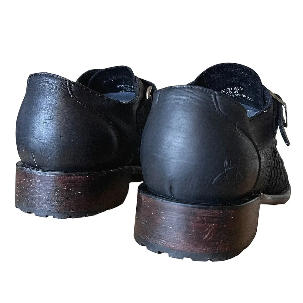 John Fluevog Ayn Black Woven Leather Monk Strap Shoes Low Block Heel Womens 10W